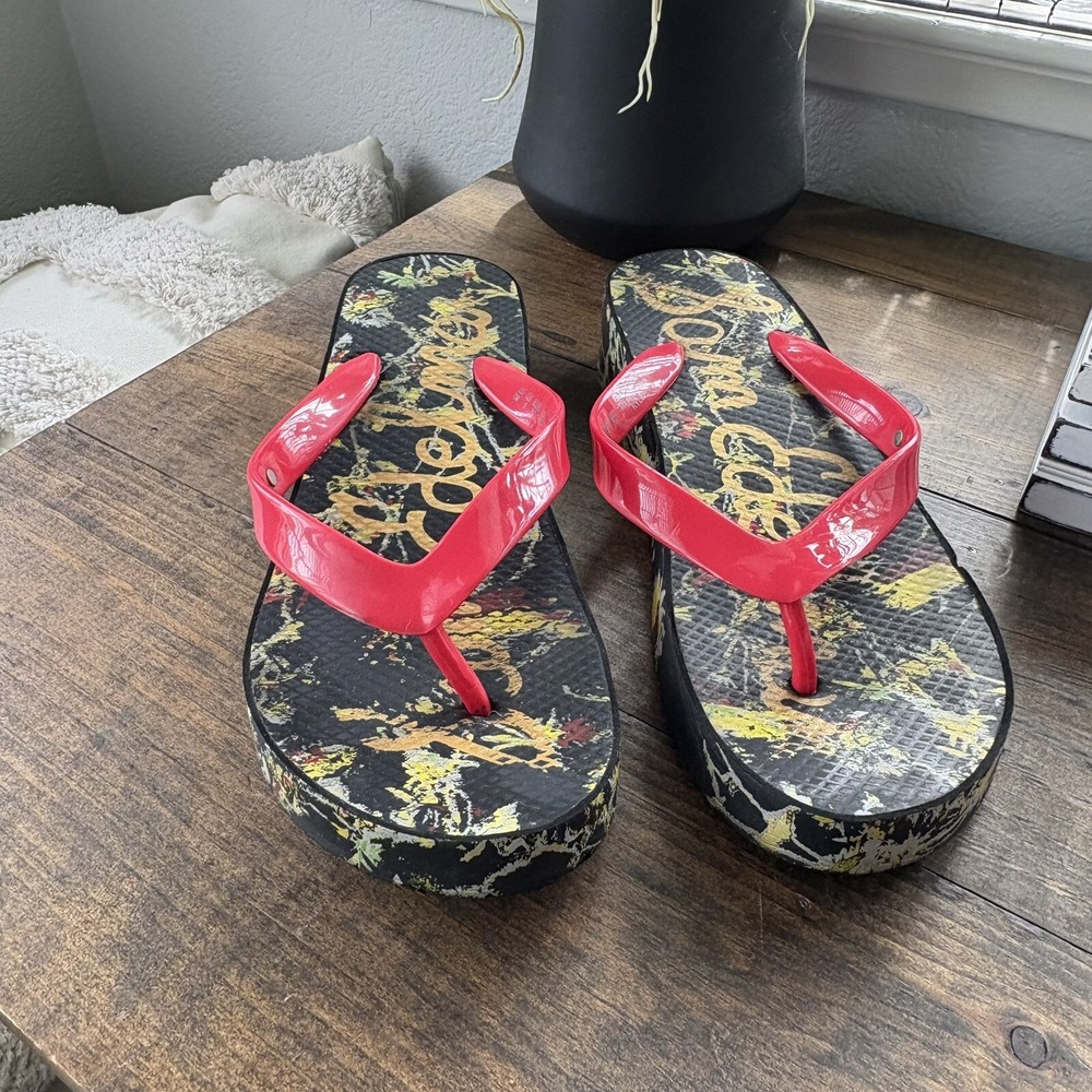 Sam Edelman Kylee Platform Flip Flop Sandals Sz 7 Red Black Gold Floral